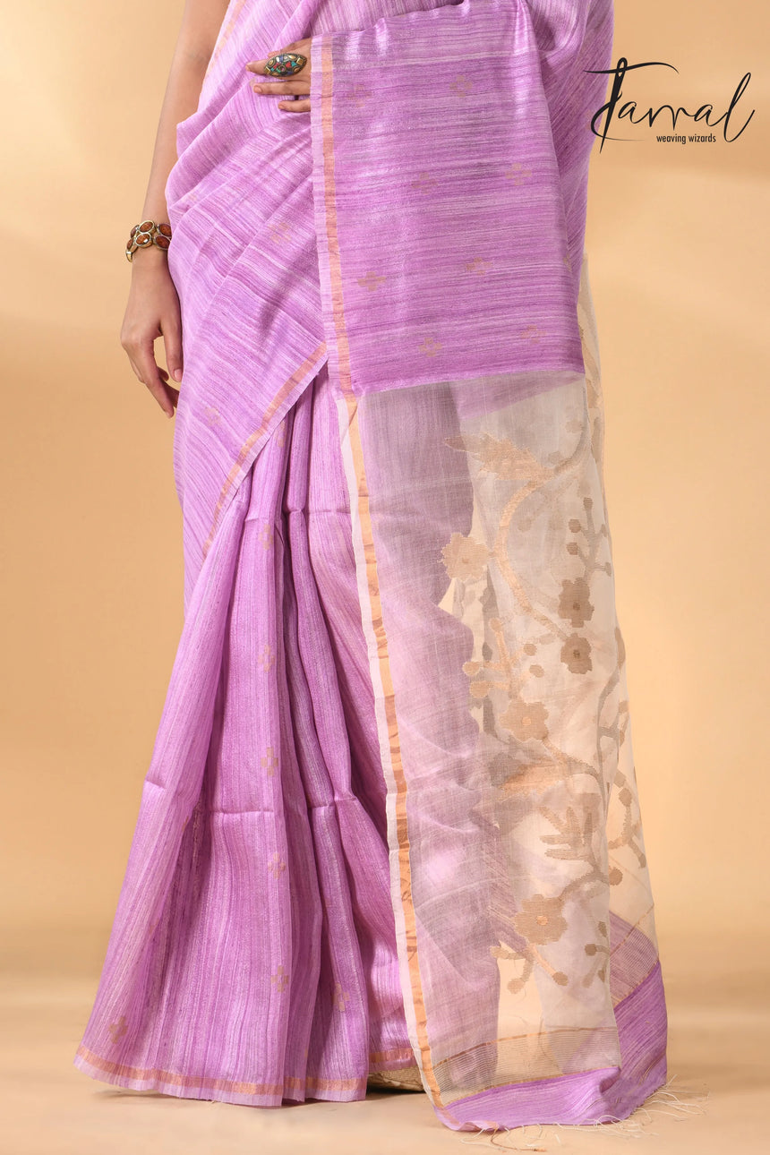Pink with white floral pallu matka silk handwoven jamdani saree - Tamal Boutique