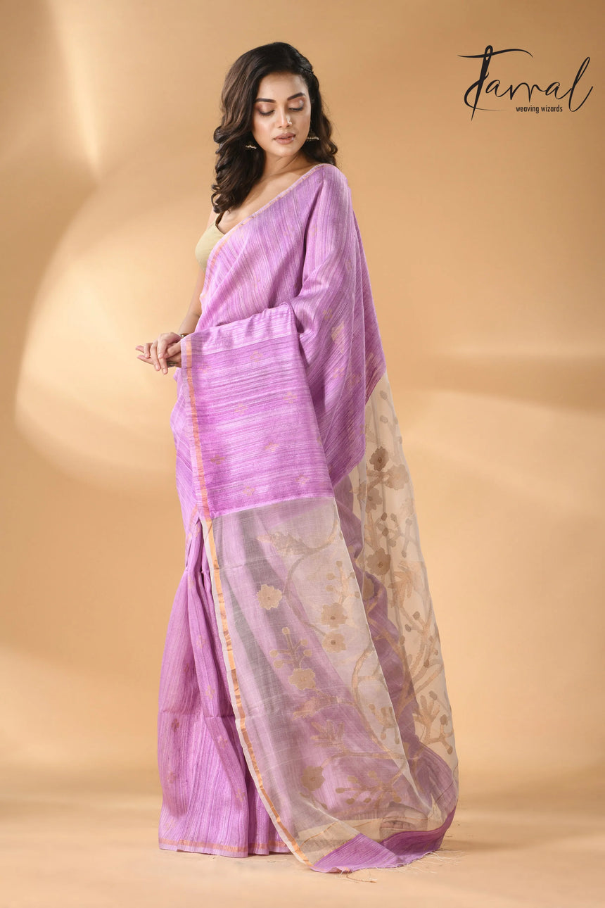 Pink with white floral pallu matka silk handwoven jamdani saree - Tamal Boutique