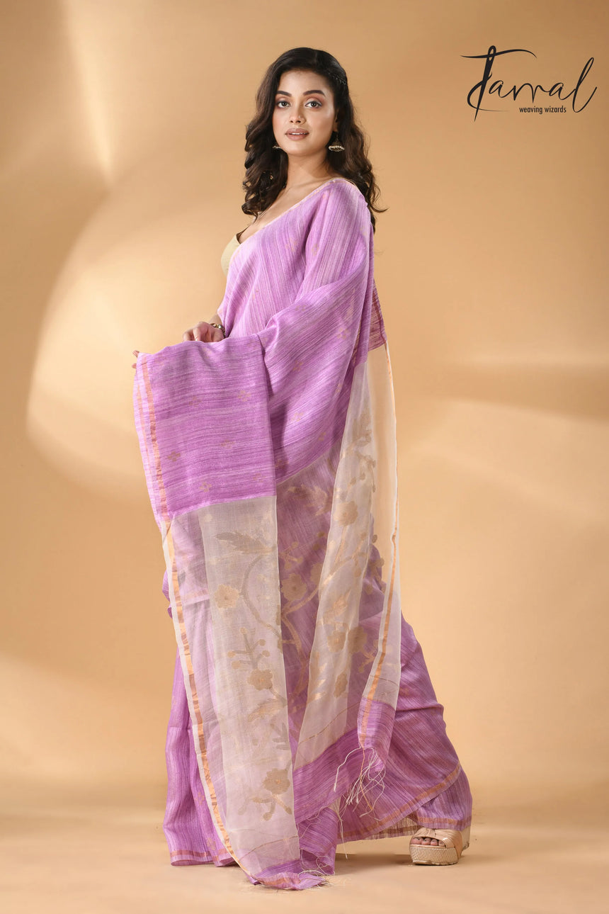 Pink with white floral pallu matka silk handwoven jamdani saree - Tamal Boutique