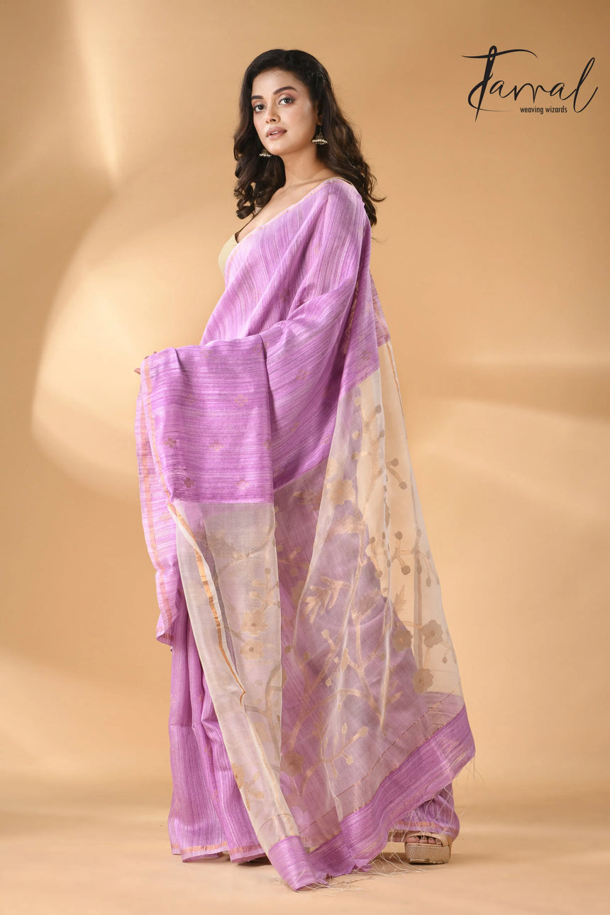 Pink with white floral pallu matka silk handwoven jamdani saree - Tamal Boutique