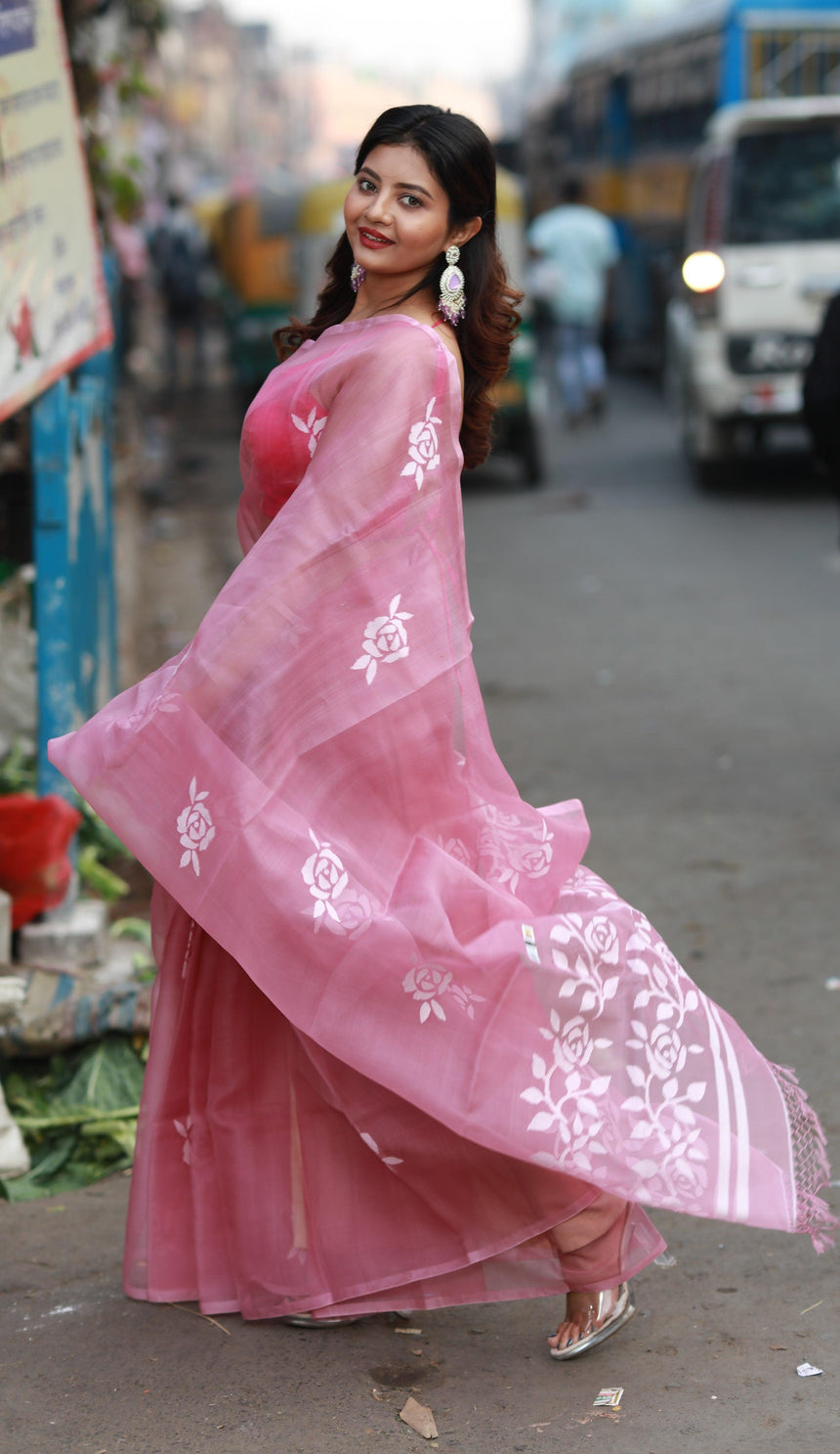 Pink with white rose motifs handwoven muslin silk jamdani saree - Tamal Boutique