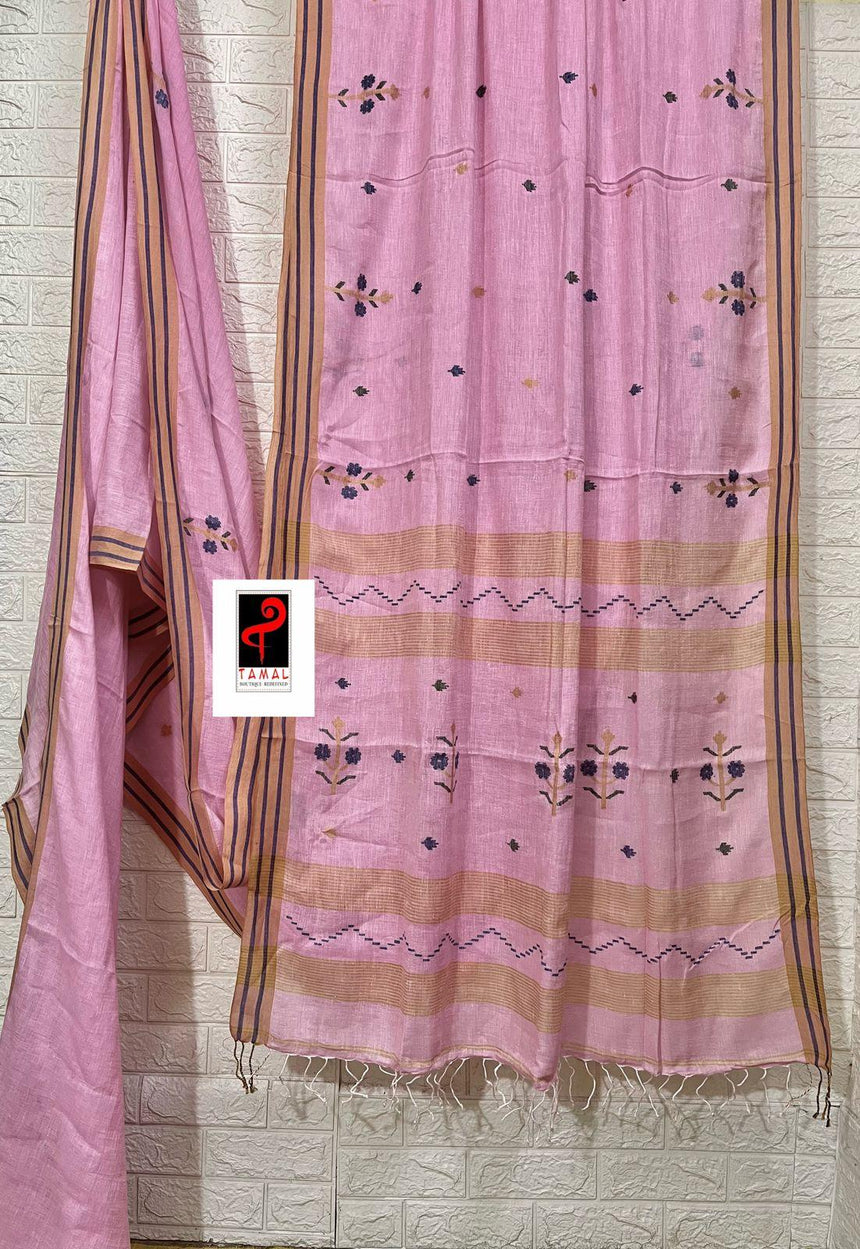 Pink with yellow & blue border linen handwoven jamdani saree - Tamal Boutique