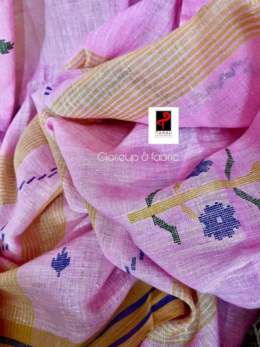 Pink with yellow & blue border linen handwoven jamdani saree - Tamal Boutique