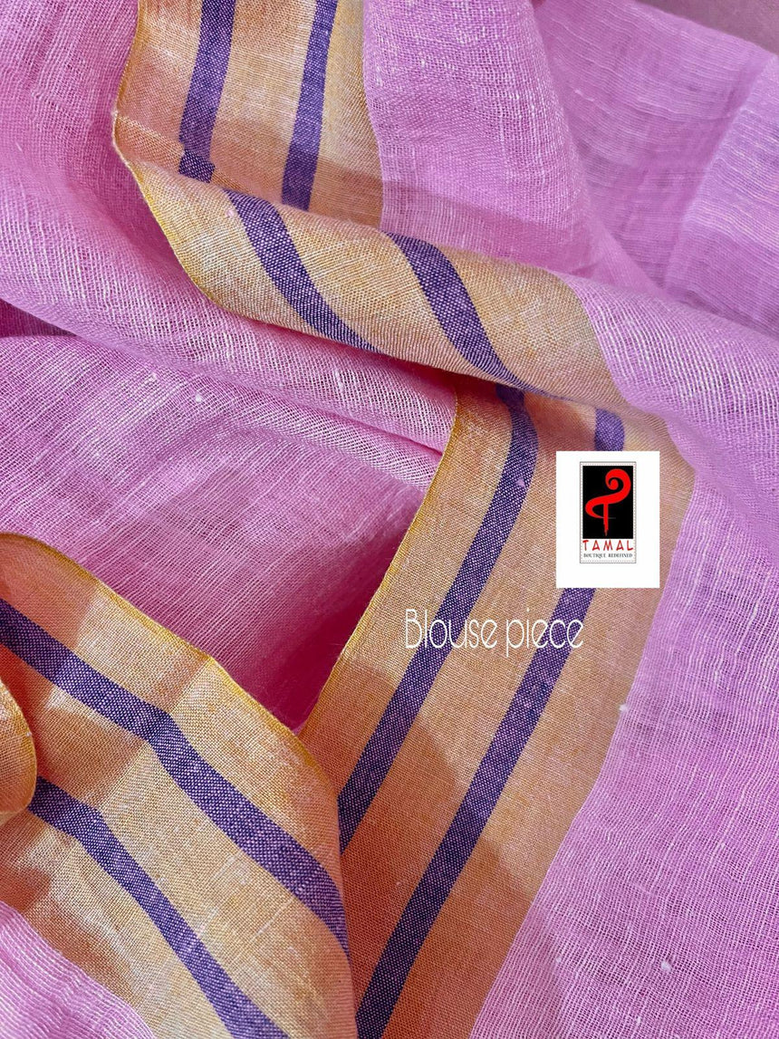 Pink with yellow & blue border linen handwoven jamdani saree - Tamal Boutique