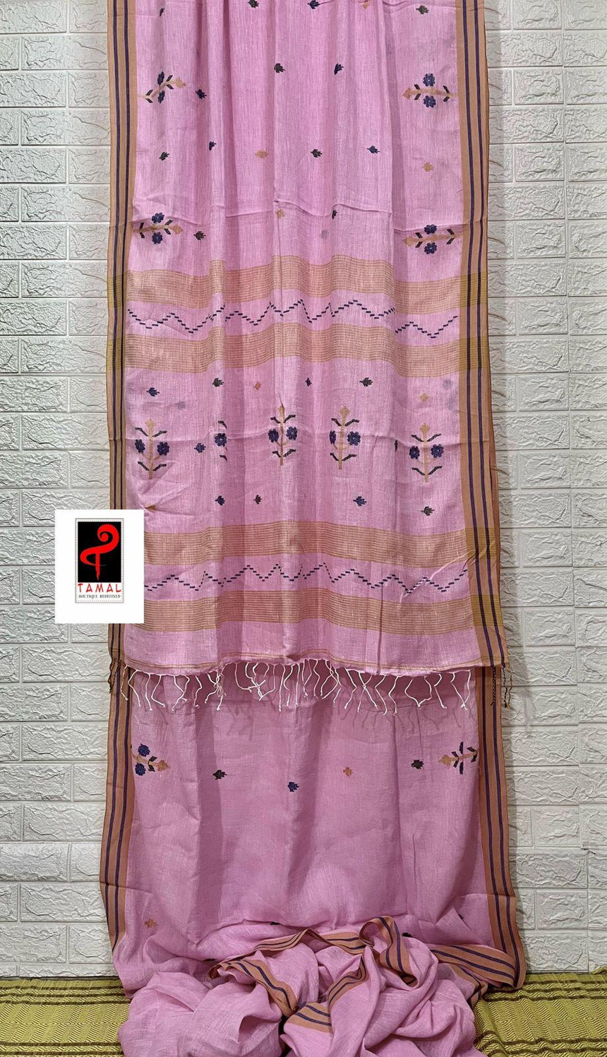 Pink with yellow & blue border linen handwoven jamdani saree - Tamal Boutique