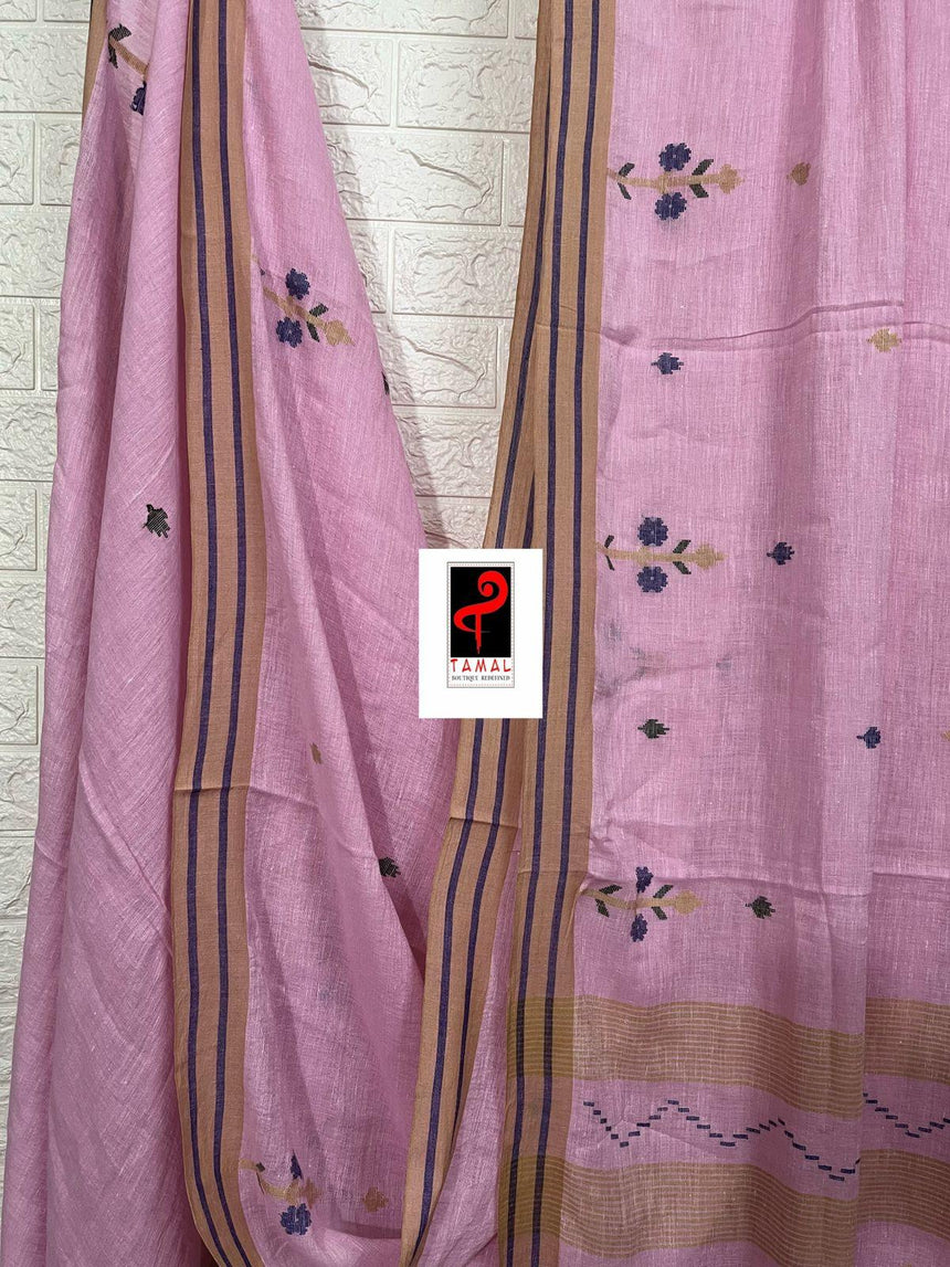 Pink with yellow & blue border linen handwoven jamdani saree - Tamal Boutique