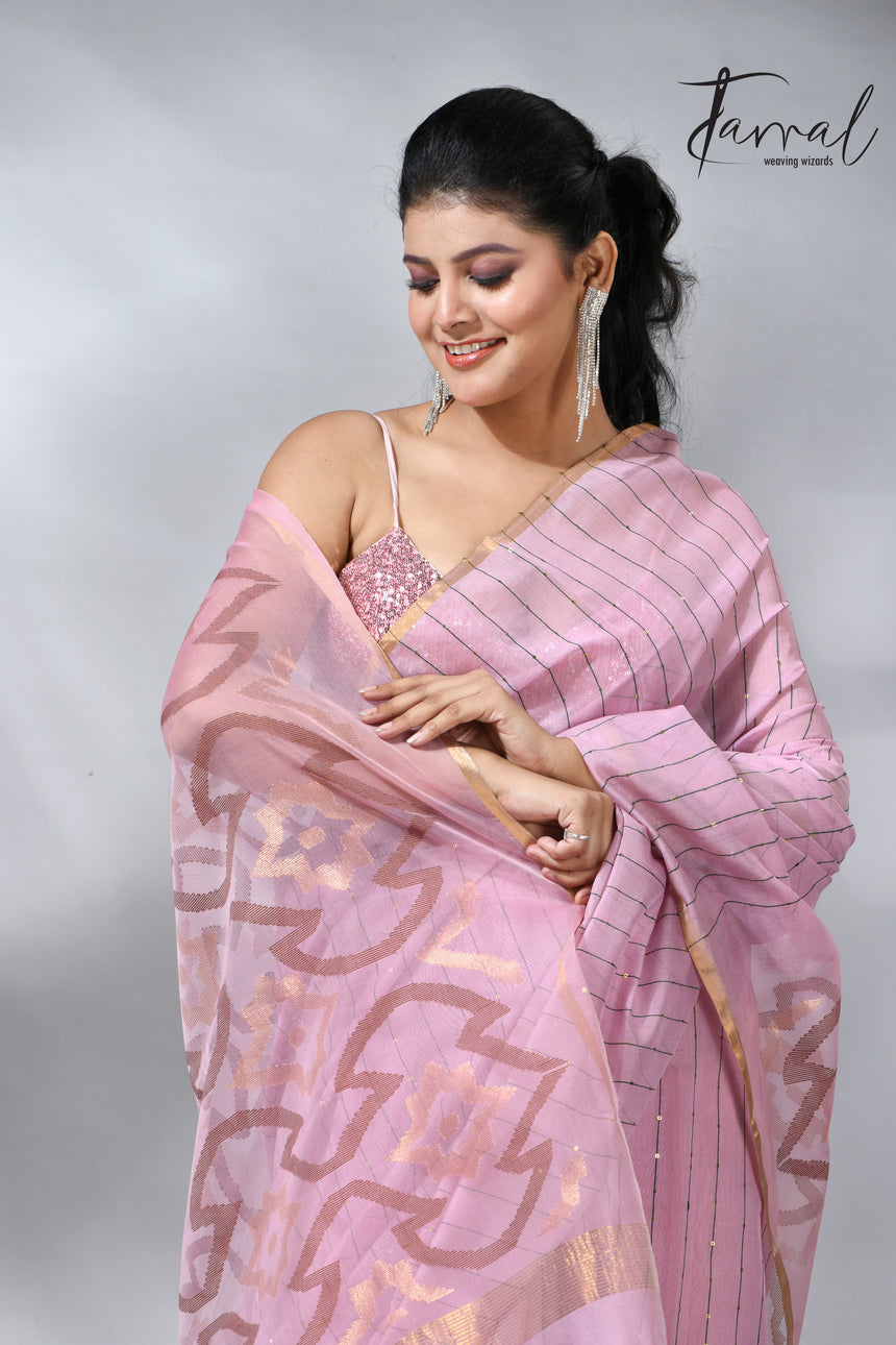 Pink with zari border silk cotton handwoven jamdani saree