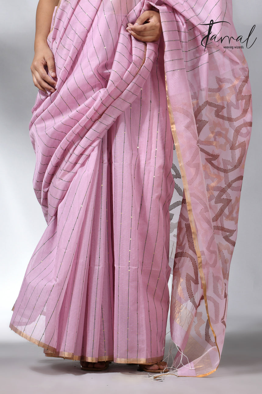 Pink with zari border silk cotton handwoven jamdani saree