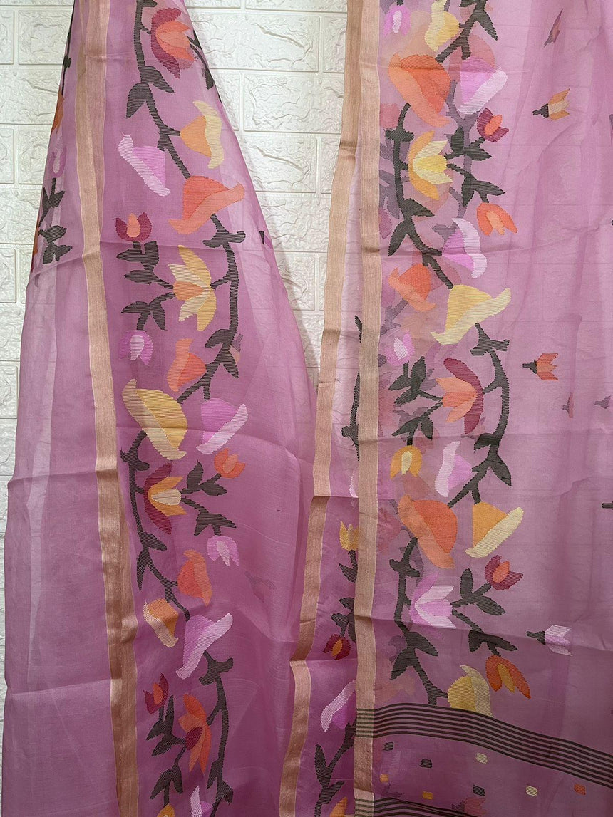 Pink with multicolour kalmilata muslin silk handwoven jamdani saree - Tamal Boutique