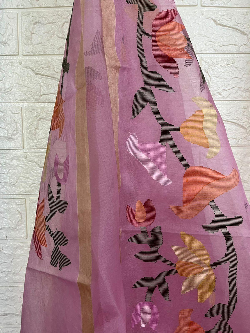 Pink with multicolour kalmilata muslin silk handwoven jamdani saree - Tamal Boutique