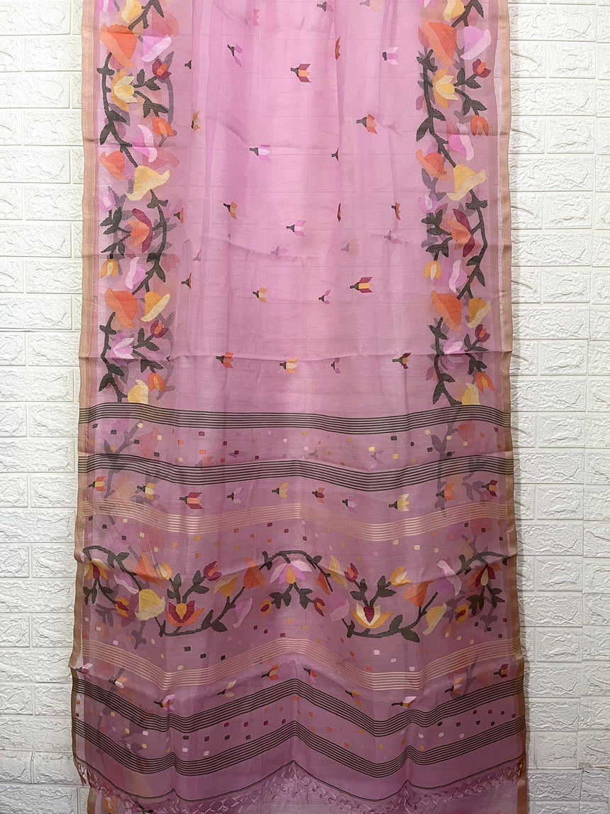 Pink with multicolour kalmilata muslin silk handwoven jamdani saree - Tamal Boutique