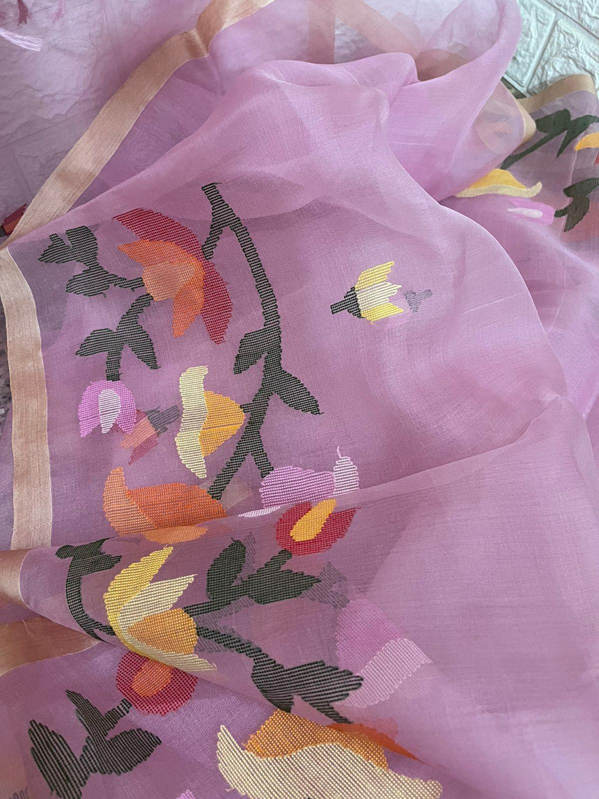 Pink with multicolour kalmilata muslin silk handwoven jamdani saree - Tamal Boutique