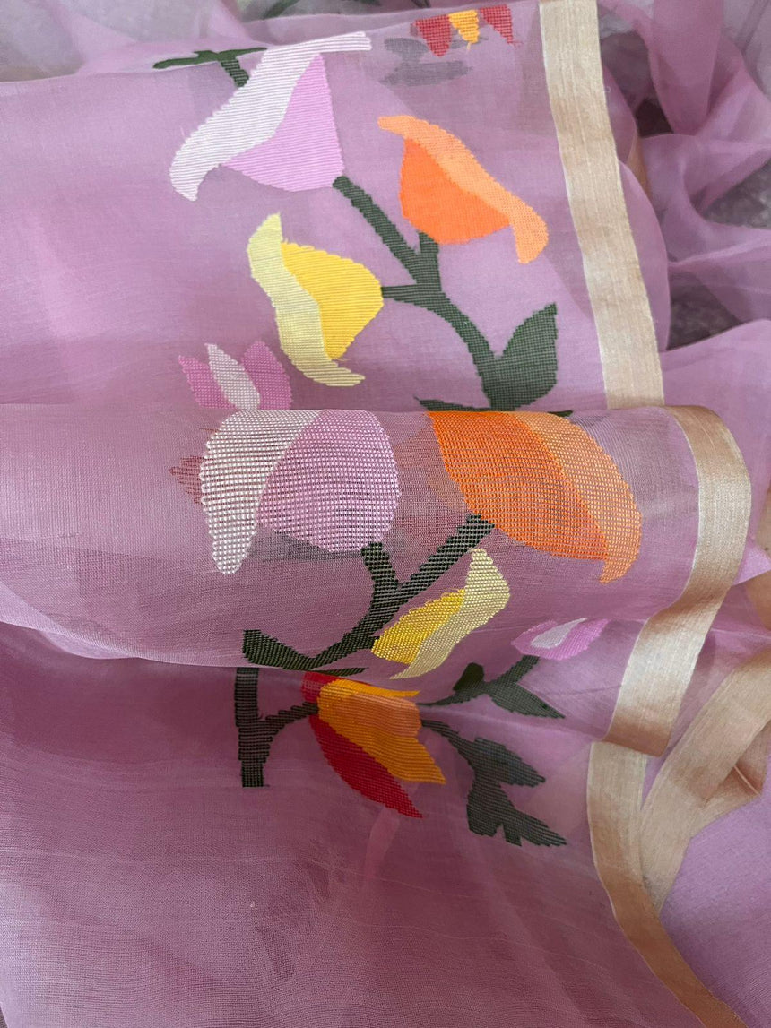 Pink with multicolour kalmilata muslin silk handwoven jamdani saree - Tamal Boutique