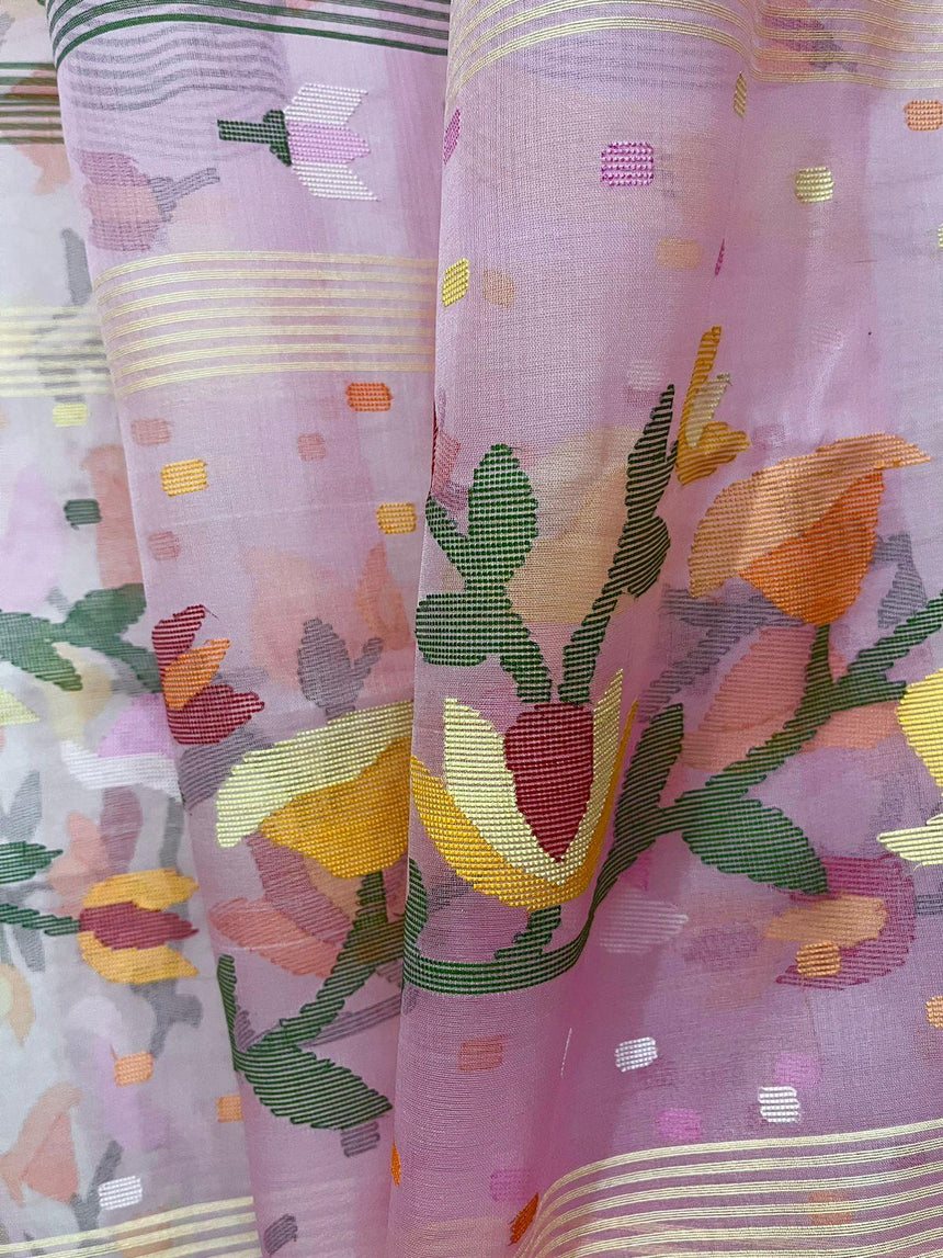 Pink with multicolour kalmilata muslin silk handwoven jamdani saree - Tamal Boutique