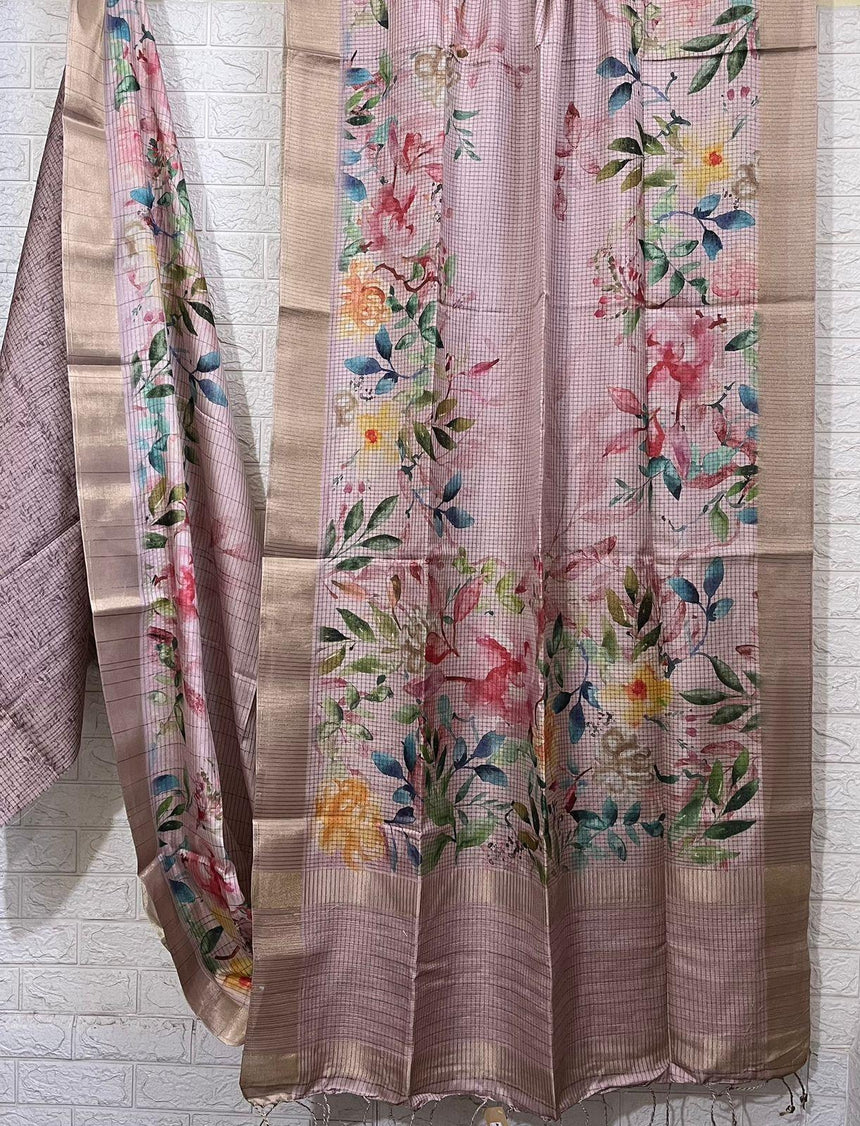 Light Pink with zari border tusser cotton floral hand painted zari check saree - Tamal Boutique