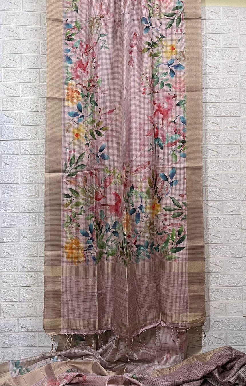 Light Pink with zari border tusser cotton floral hand painted zari check saree - Tamal Boutique