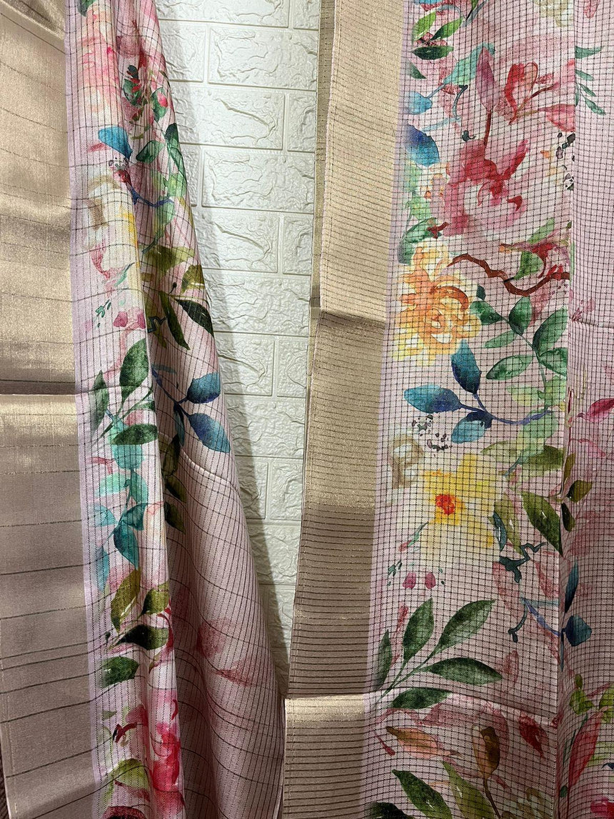 Light Pink with zari border tusser cotton floral hand painted zari check saree - Tamal Boutique