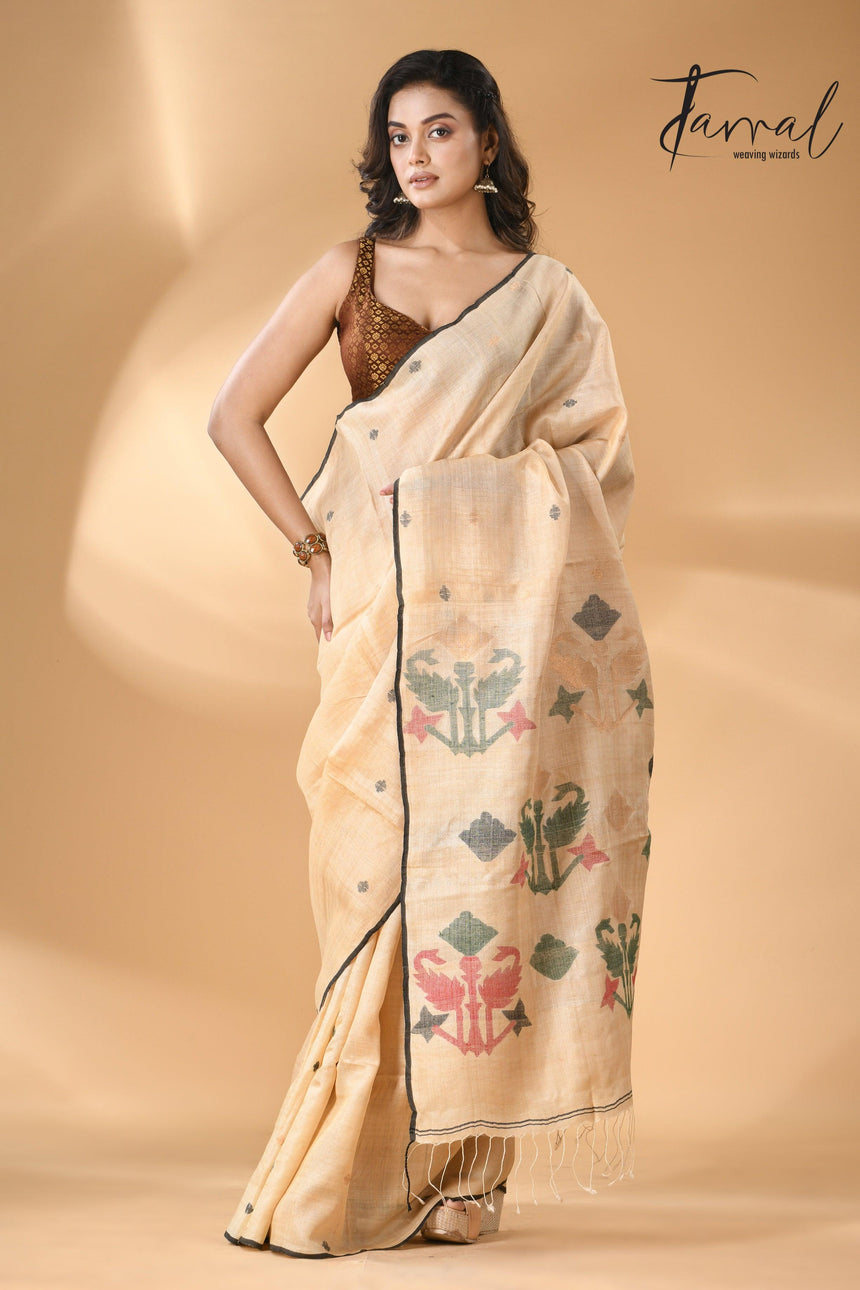 Pure tissue neddle work tusser jamdani saree in light beige