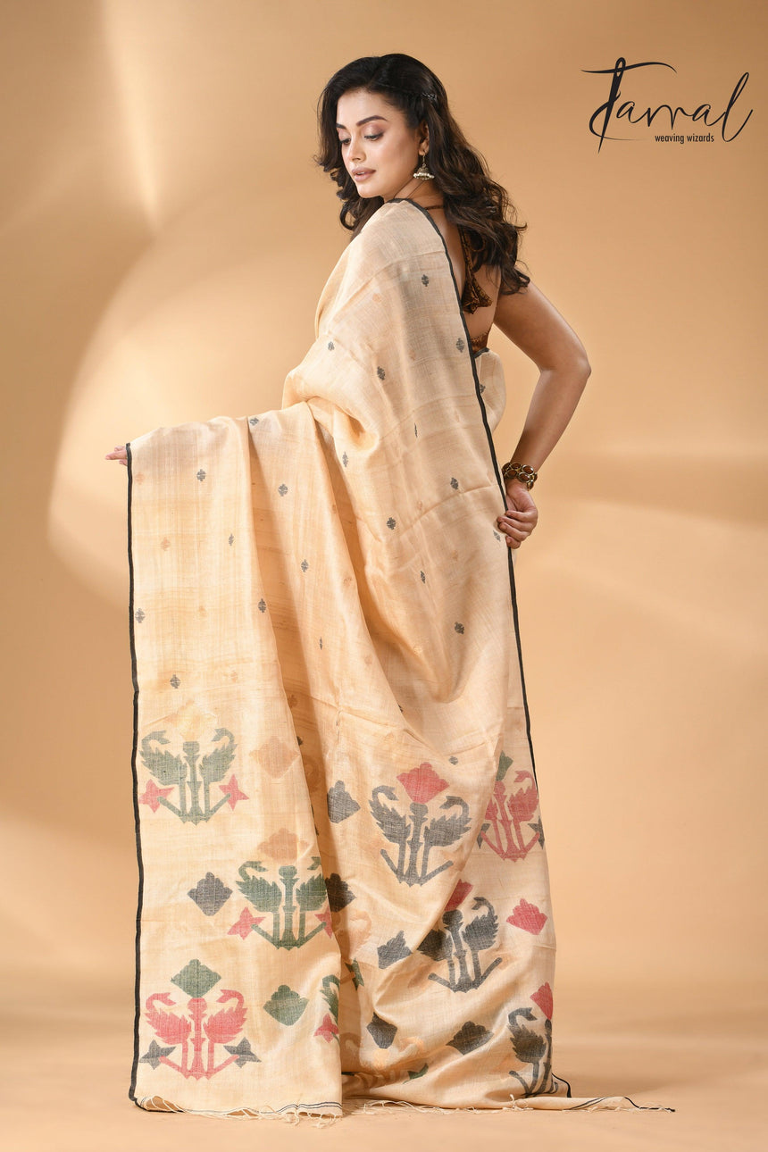 Pure tissue neddle work tusser jamdani saree in light beige back