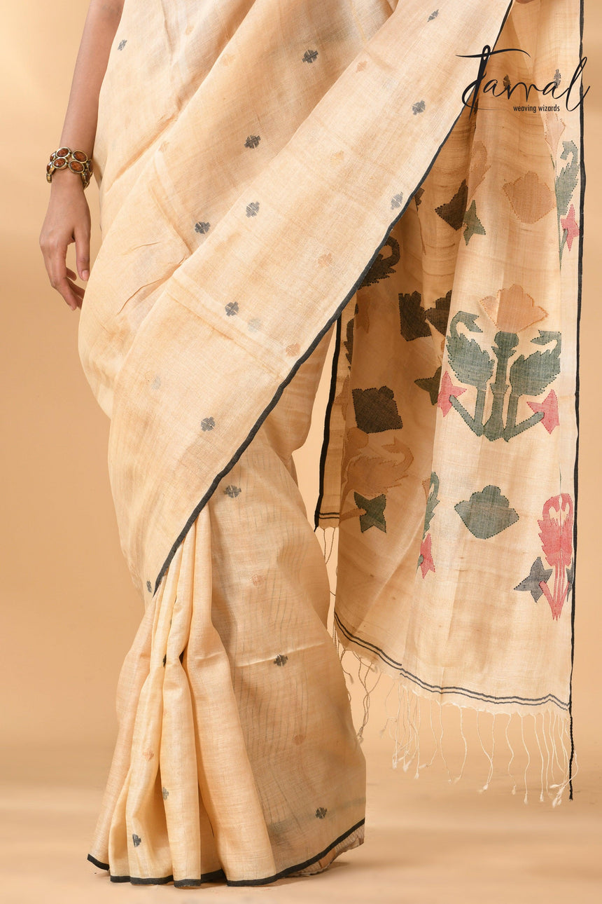 Pure tissue neddle work tusser jamdani saree in light beige bottom
