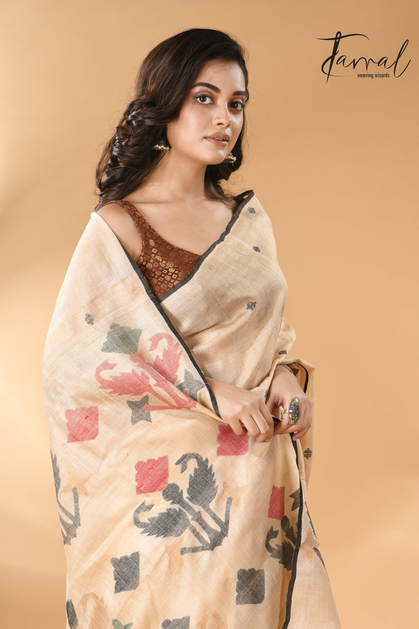 Pure tissue neddle work tusser jamdani saree in light beige cls