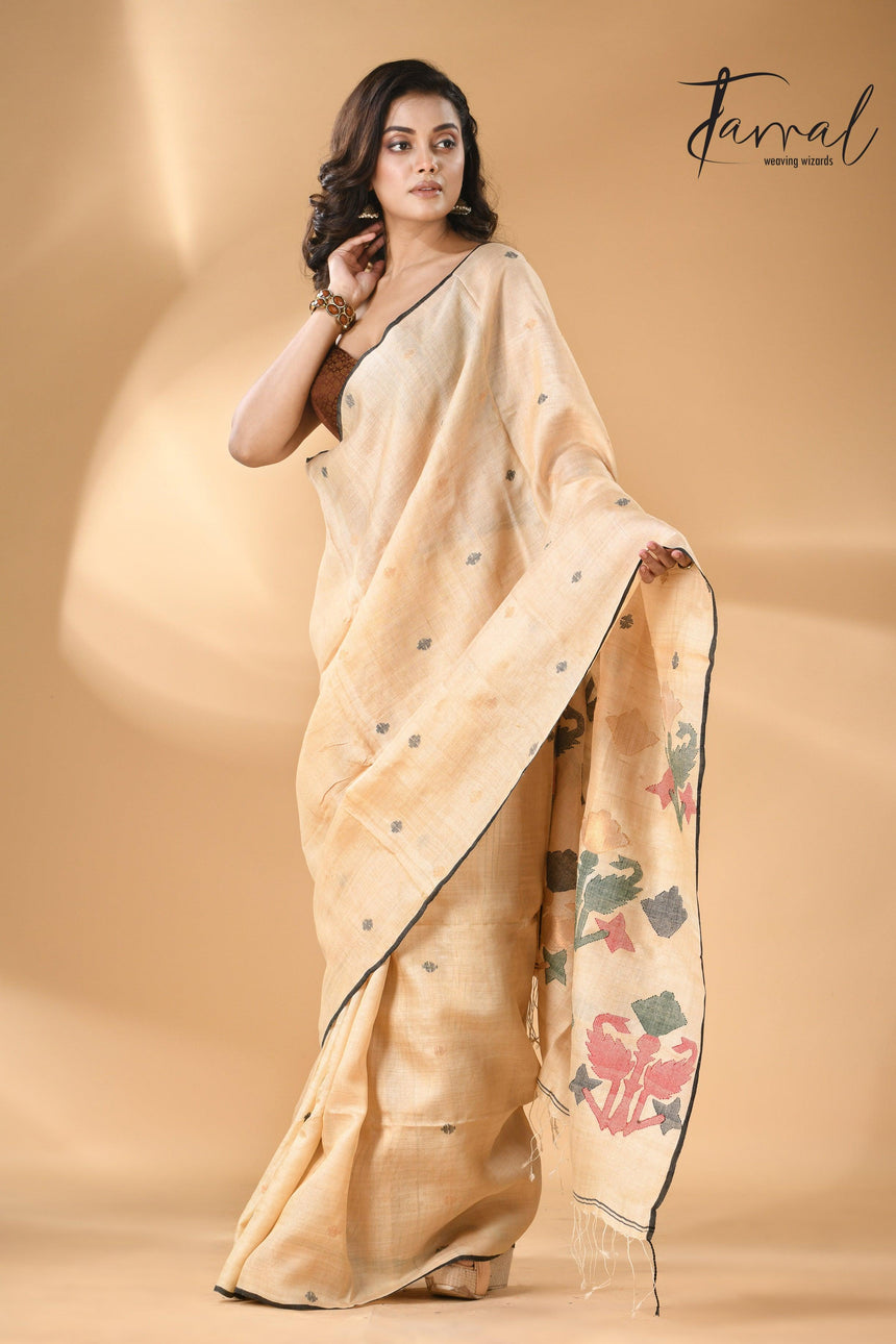 Pure tissue neddle work tusser jamdani saree in light beige ful
