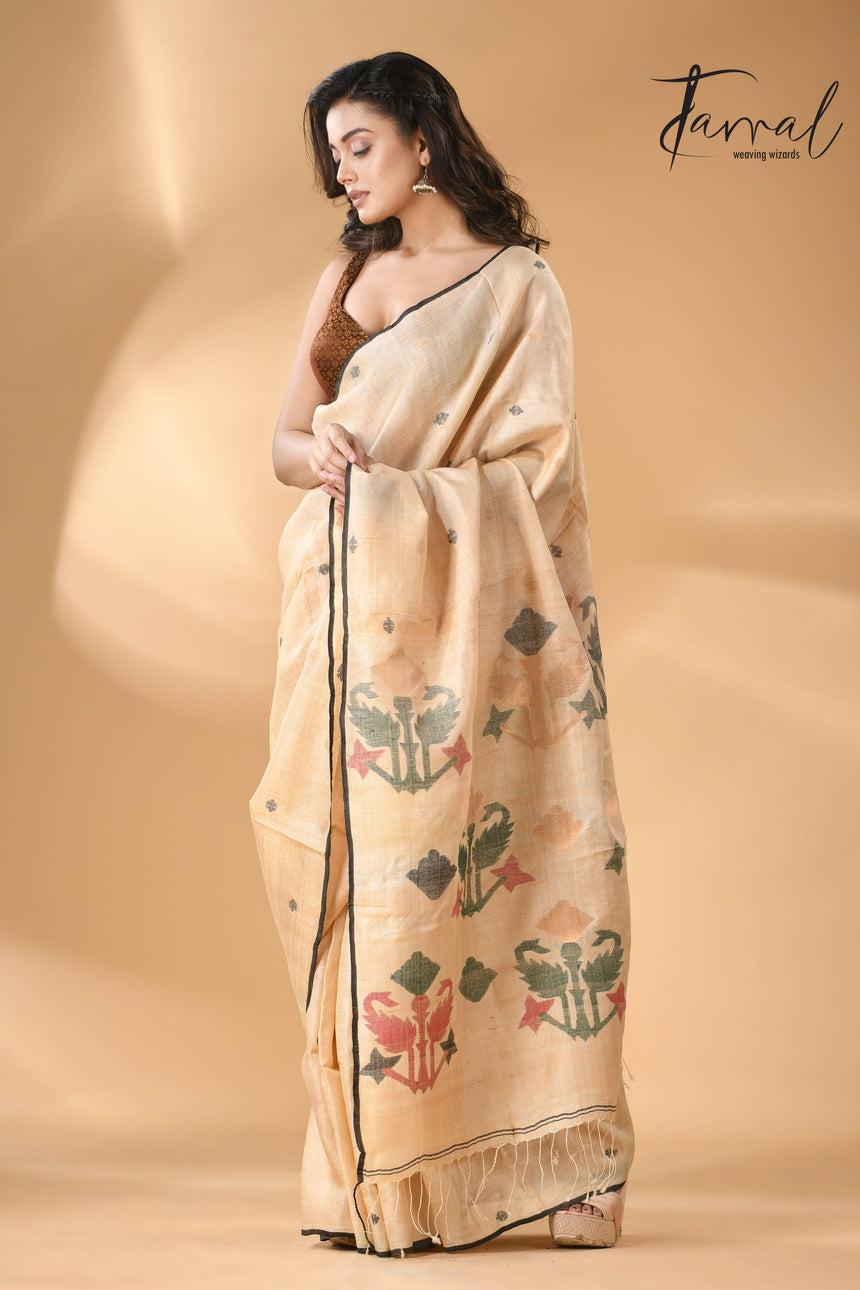 Pure tissue neddle work tusser jamdani saree in light beige full2