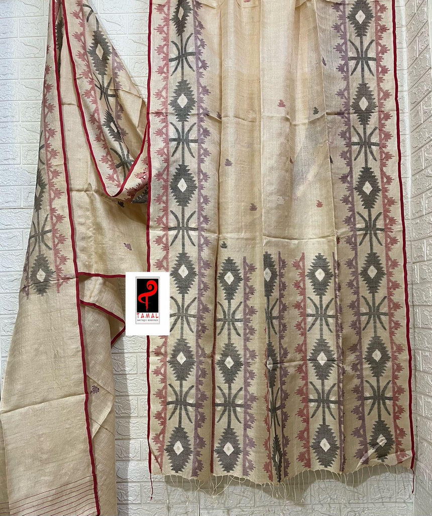 Natural tusser with red border and multi colour traditional tusser silk handwoven jamdani saree - Tamal Boutique