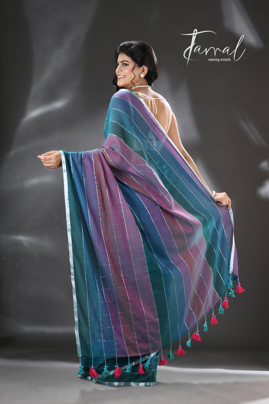 Purple and tale blue colour pure mul cotton handloom saree