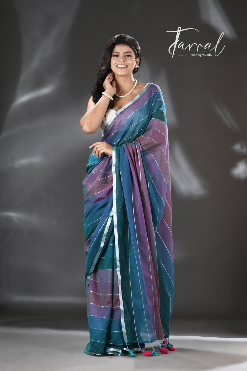 Purple and tale blue colour pure mul cotton handloom saree