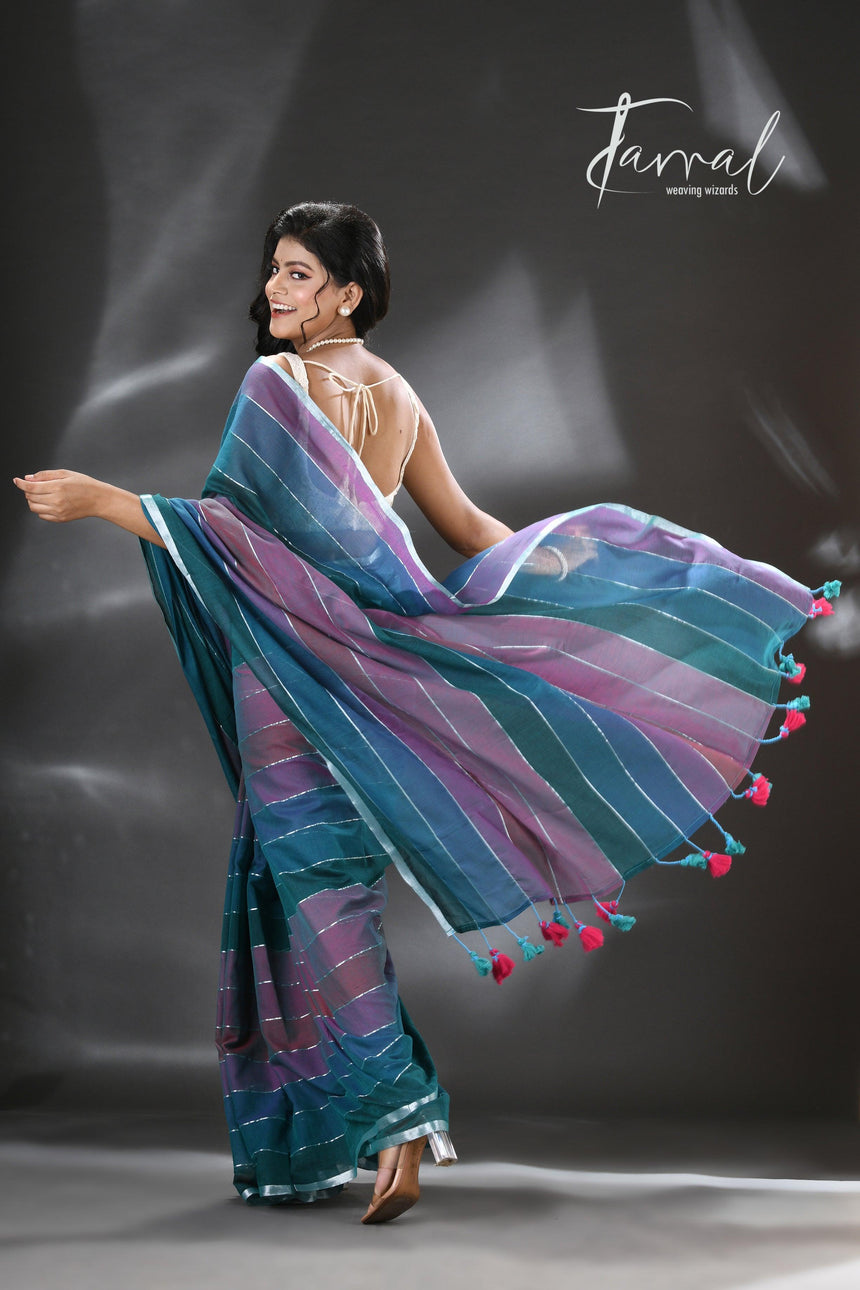 Purple and tale blue colour pure mul cotton handloom saree