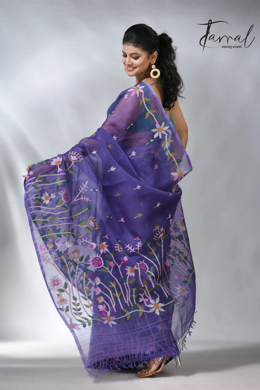 Purple colour floral handwoven jamdani saree in muslin silk