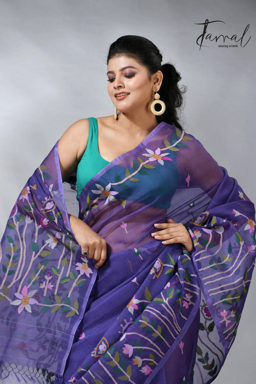 Purple colour floral handwoven jamdani saree in muslin silk