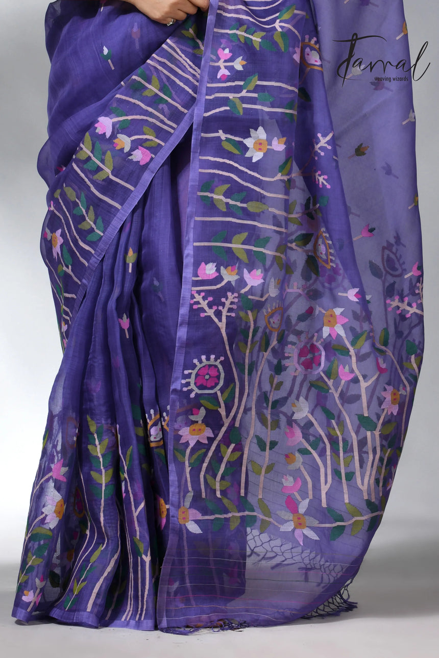 Purple colour floral handwoven jamdani saree in muslin silk