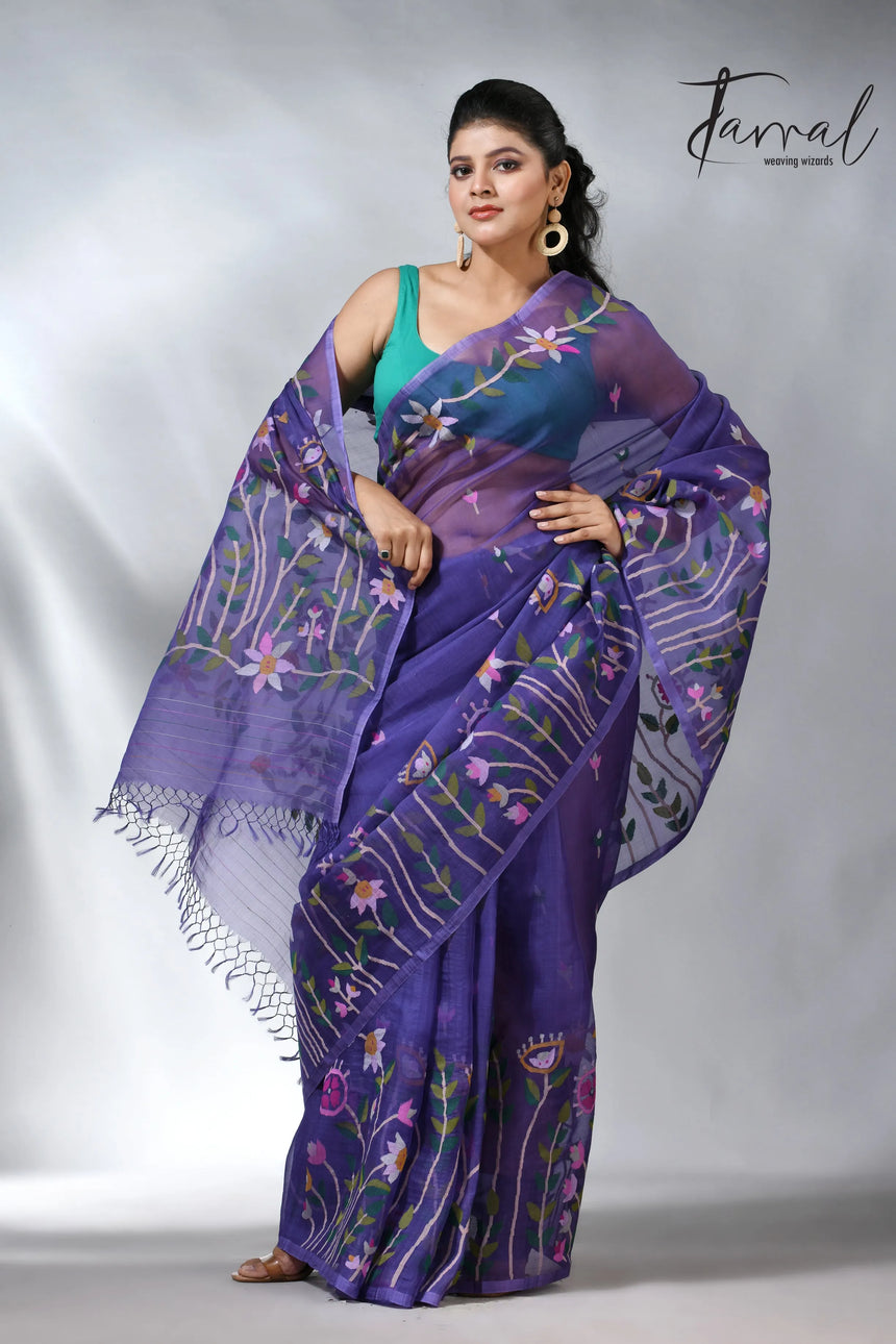 Purple colour floral handwoven jamdani saree in muslin silk
