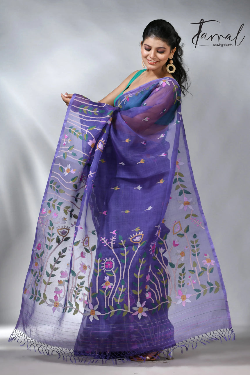 Purple colour floral handwoven jamdani saree in muslin silk