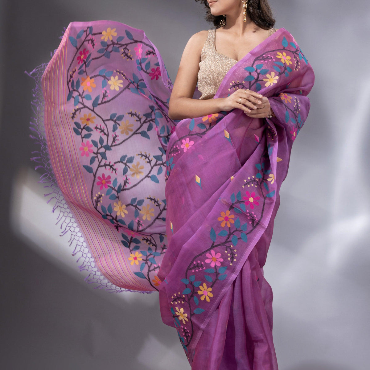 Purple Tassar Jamdani Saree with Traditional Woven Motifs