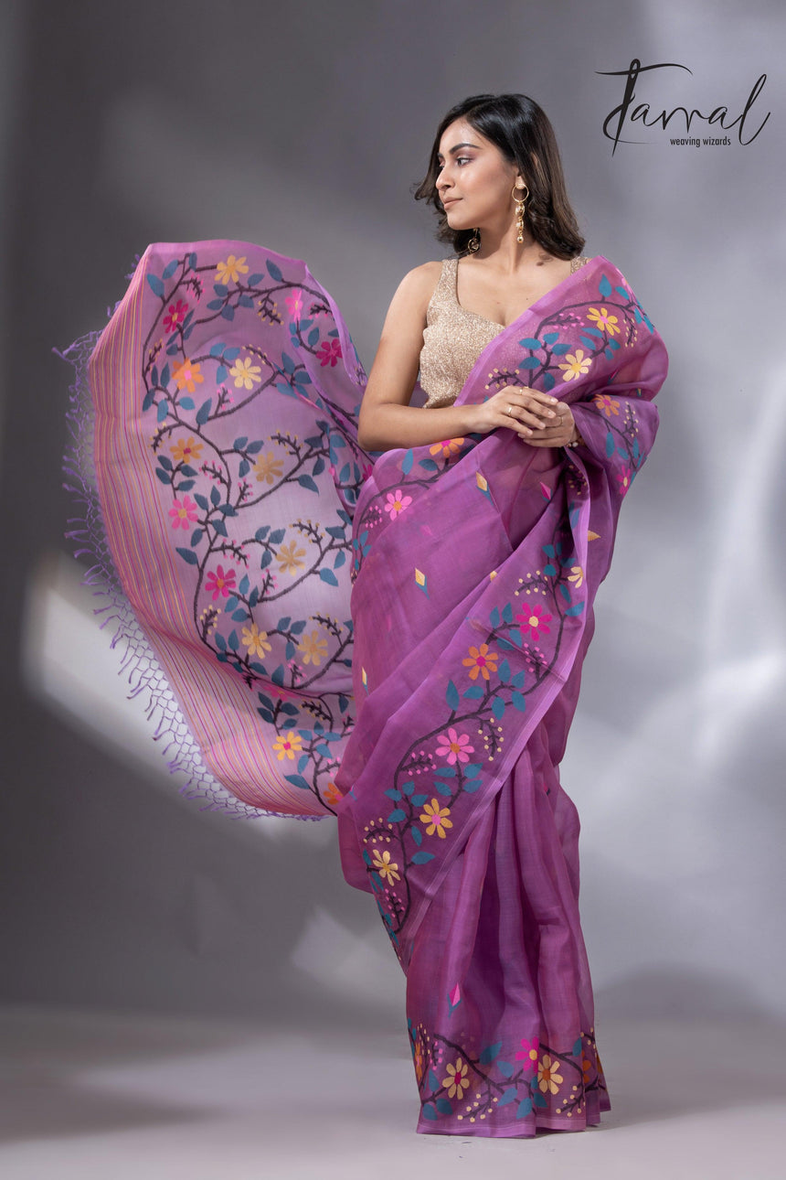Purple floral border handwoven muslin jamdani saree