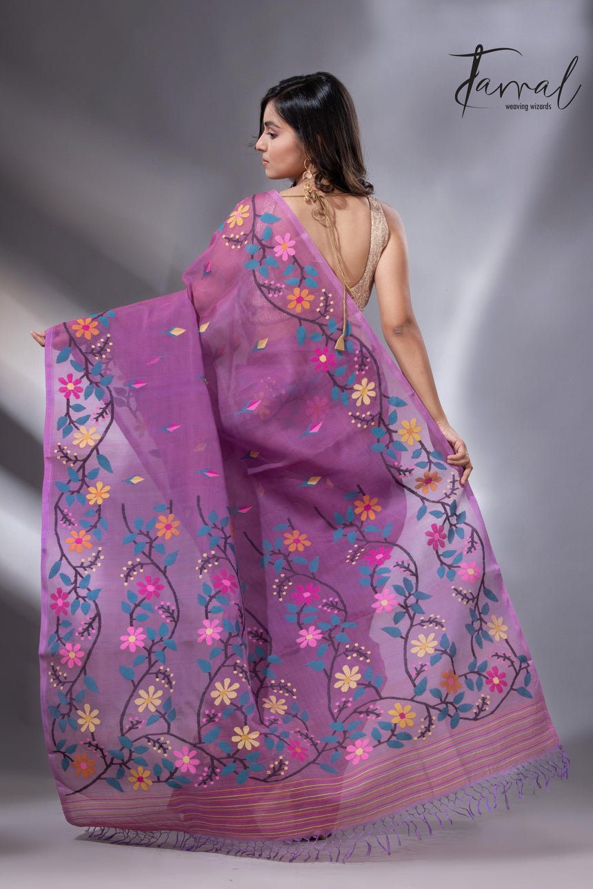 Purple floral border handwoven muslin jamdani saree6