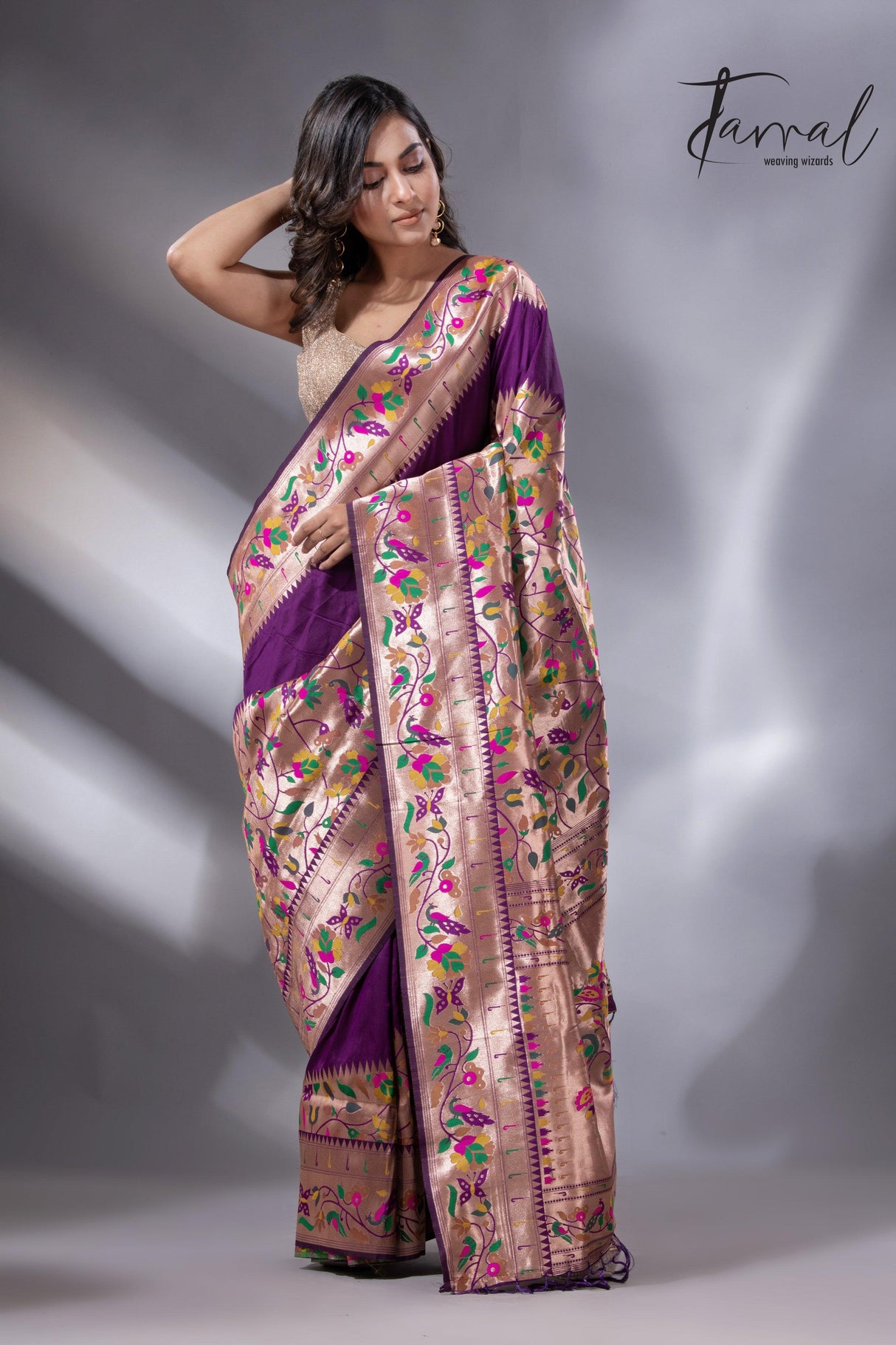 Purple gold majesty Kanchipuram handloom silk paithani saree full1