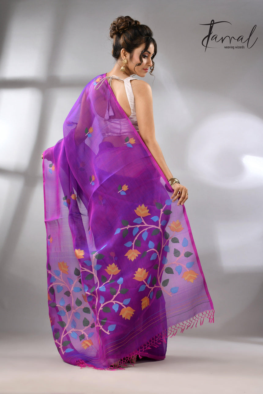 Purple with multicolour muslin silk handwoven floral buta jamdani saree - Tamal Boutique