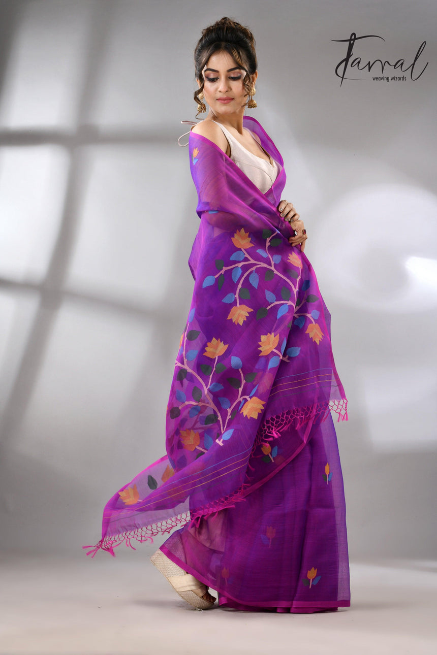 Purple with multicolour muslin silk handwoven floral buta jamdani saree - Tamal Boutique