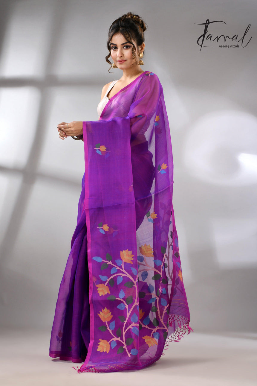 Purple with multicolour muslin silk handwoven floral buta jamdani saree - Tamal Boutique
