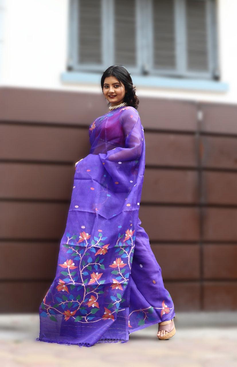Purple with multicolour floral handwoven muslin silk jamdani saree - Tamal Boutique