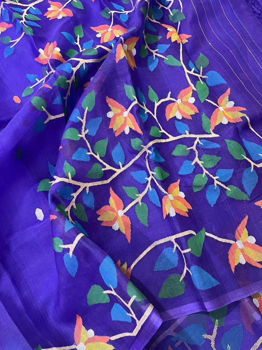 Purple with multicolour floral handwoven muslin silk jamdani saree - Tamal Boutique
