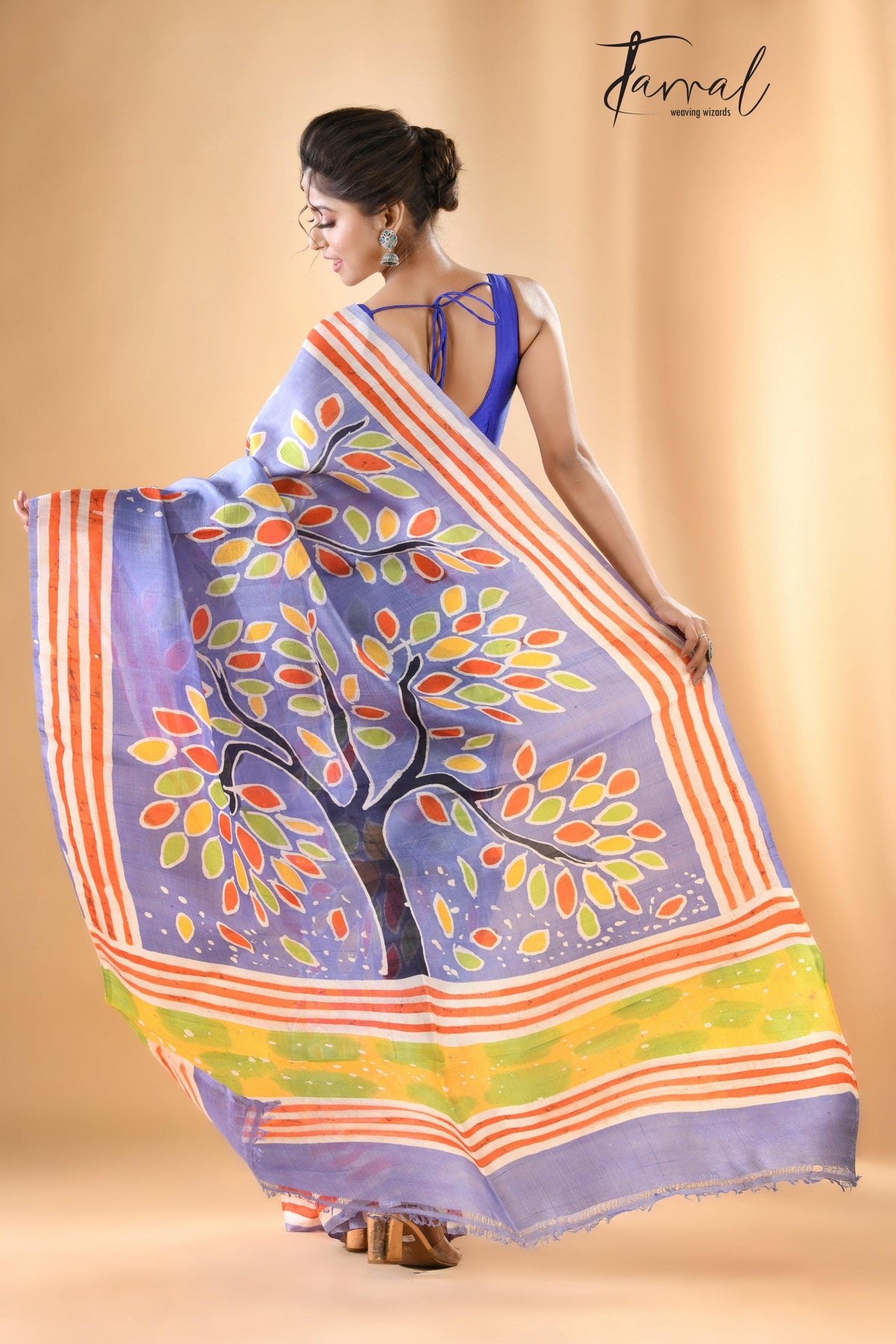 Purple with multicolor tree handcrafted pure batik silk saree