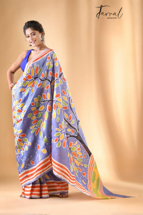 Purple with multicolor tree handcrafted pure batik silk saree