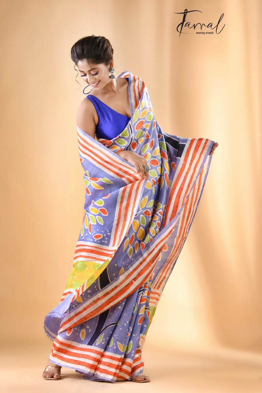 Purple with multicolor tree handcrafted pure batik silk saree