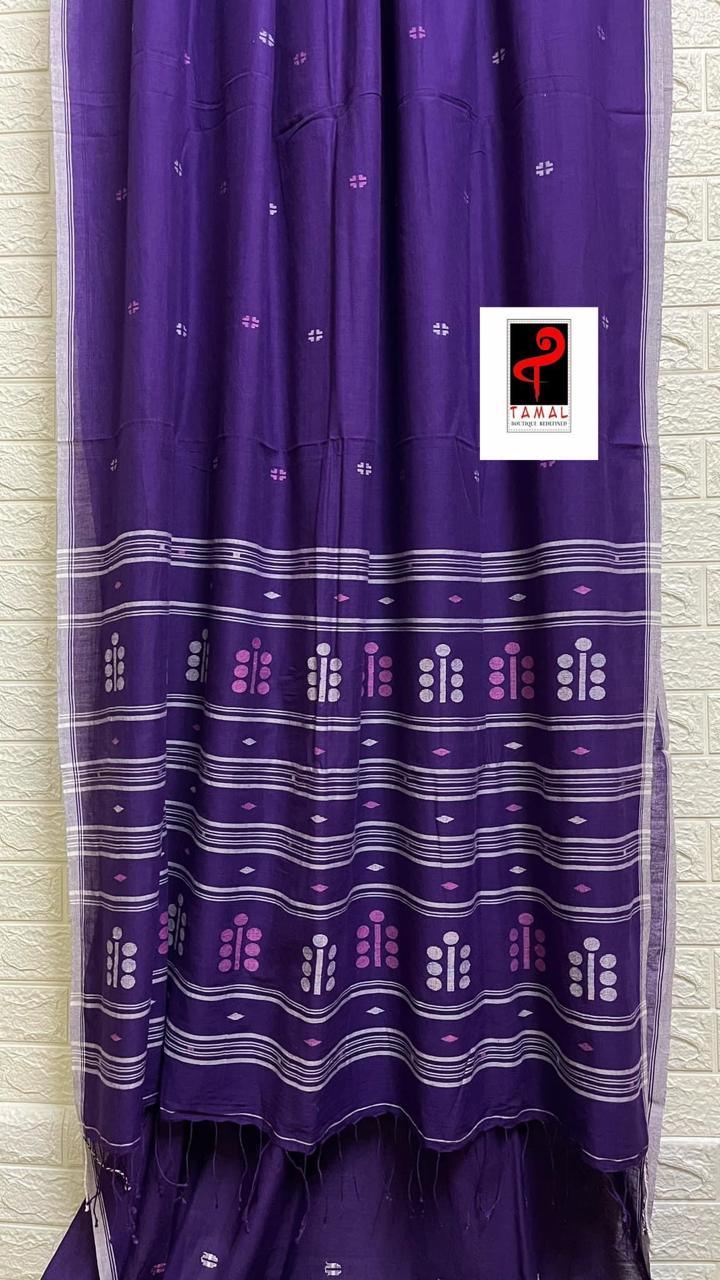 Purple with white border pure cotton handwoven jamdani saree