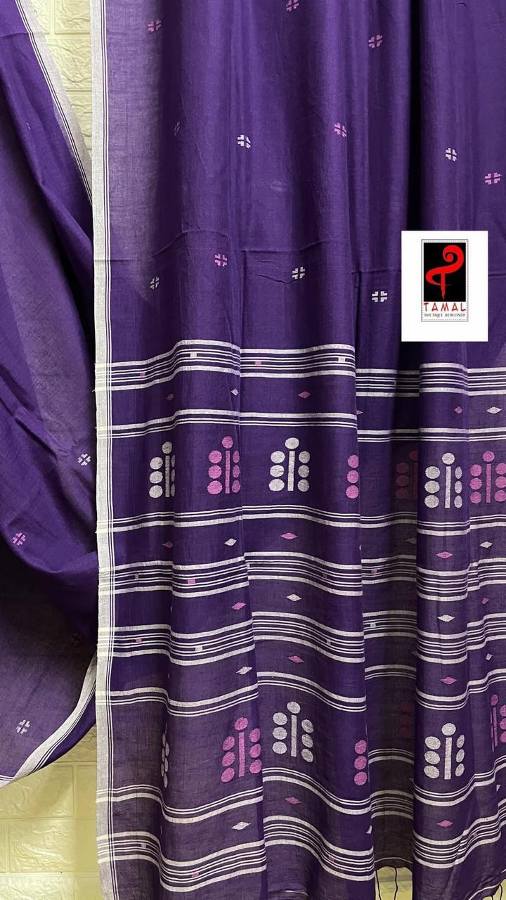 Purple with white border pure cotton handwoven jamdani saree